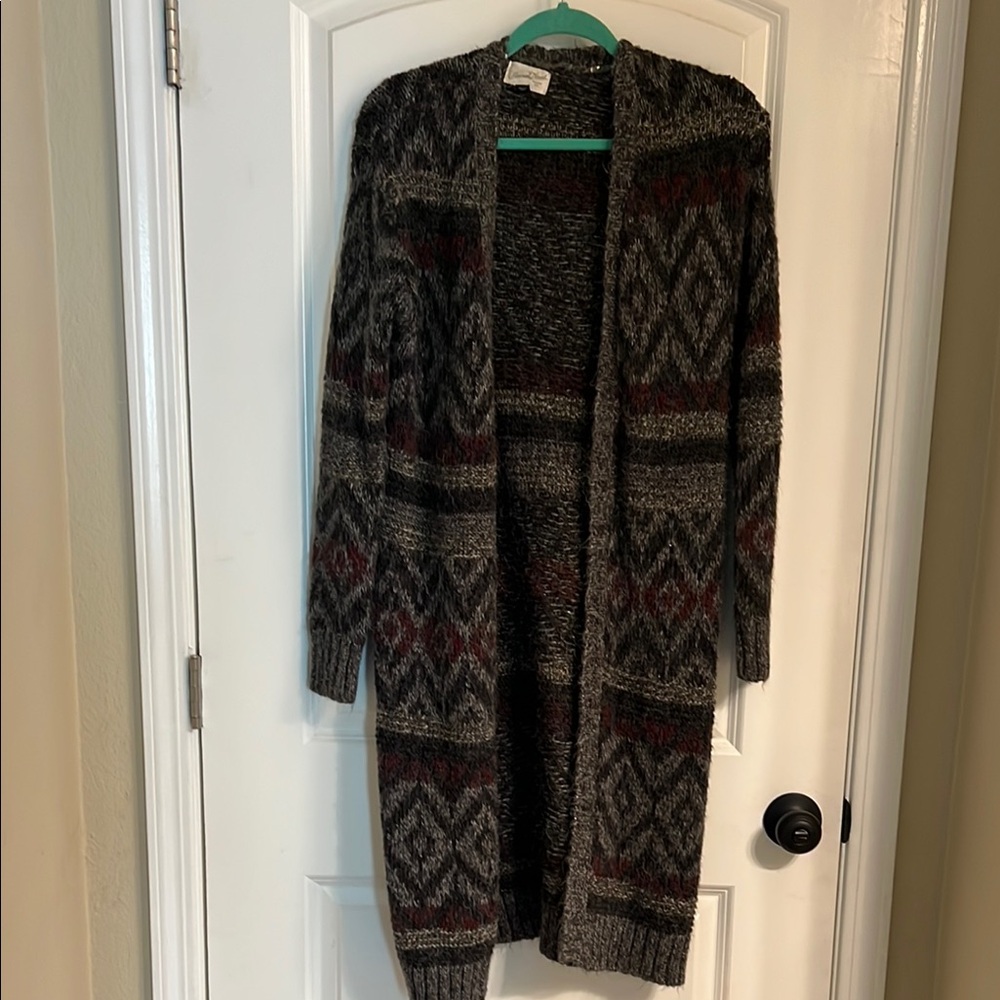 Gray and Red Geometric Cardigan Sweater